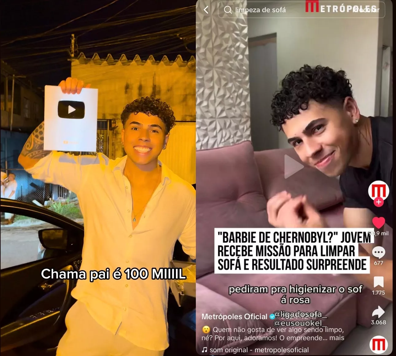 KEEL com a placa de 100 mil inscritos do YouTube e a reportagem da Metrópoles sobre o sofá apelidado de Barbie de Chernobyl